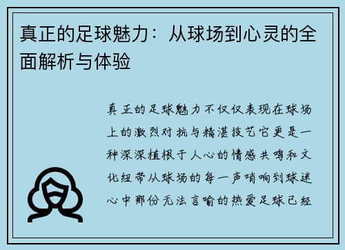 真正的足球魅力：从球场到心灵的全面解析与体验