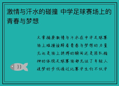 激情与汗水的碰撞 中学足球赛场上的青春与梦想