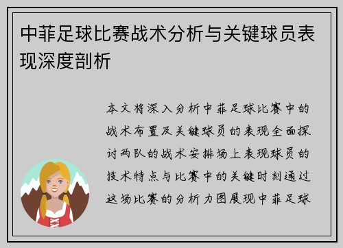 中菲足球比赛战术分析与关键球员表现深度剖析