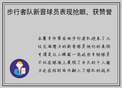 步行者队新晋球员表现抢眼，获赞誉