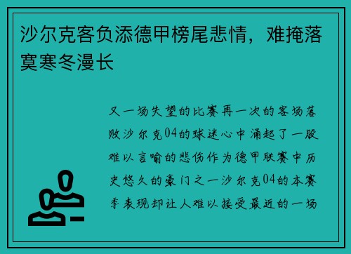 沙尔克客负添德甲榜尾悲情，难掩落寞寒冬漫长