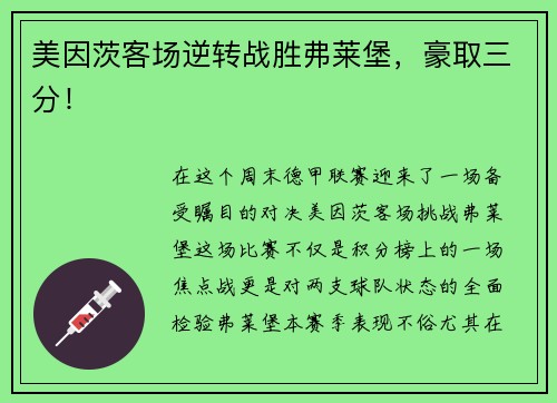 美因茨客场逆转战胜弗莱堡，豪取三分！