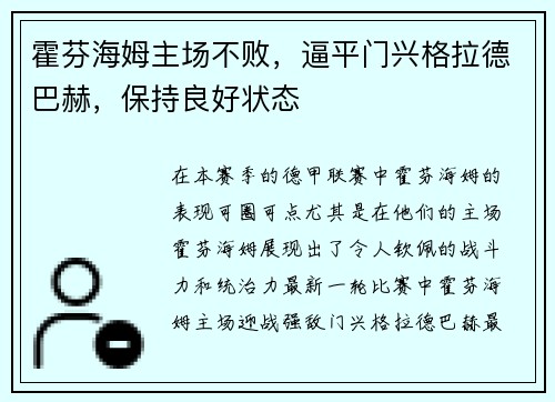 霍芬海姆主场不败，逼平门兴格拉德巴赫，保持良好状态