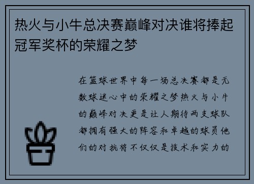 热火与小牛总决赛巅峰对决谁将捧起冠军奖杯的荣耀之梦