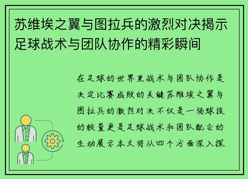 苏维埃之翼与图拉兵的激烈对决揭示足球战术与团队协作的精彩瞬间