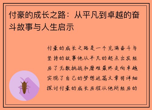 付豪的成长之路：从平凡到卓越的奋斗故事与人生启示