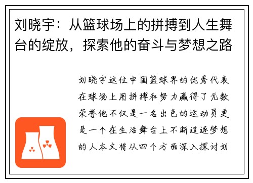 刘晓宇：从篮球场上的拼搏到人生舞台的绽放，探索他的奋斗与梦想之路