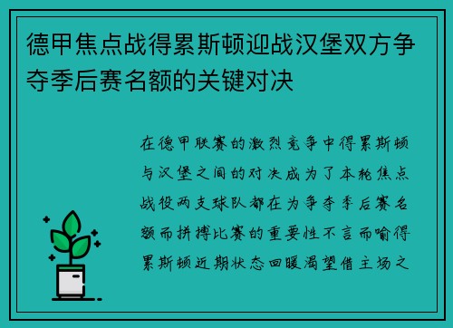 德甲焦点战得累斯顿迎战汉堡双方争夺季后赛名额的关键对决