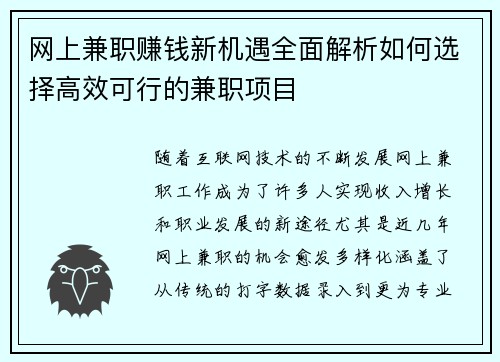 网上兼职赚钱新机遇全面解析如何选择高效可行的兼职项目