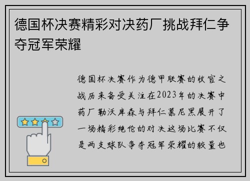 德国杯决赛精彩对决药厂挑战拜仁争夺冠军荣耀