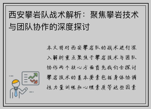 西安攀岩队战术解析：聚焦攀岩技术与团队协作的深度探讨