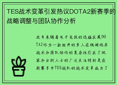 TES战术变革引发热议DOTA2新赛季的战略调整与团队协作分析