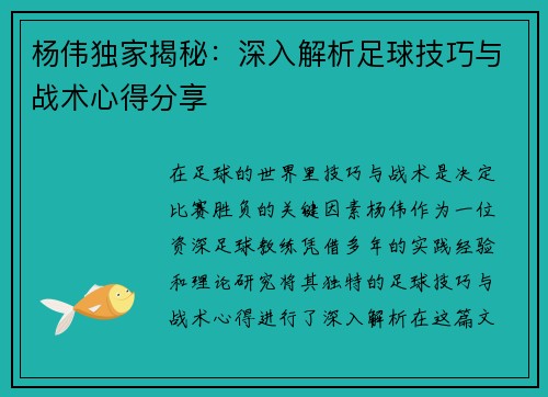 杨伟独家揭秘：深入解析足球技巧与战术心得分享